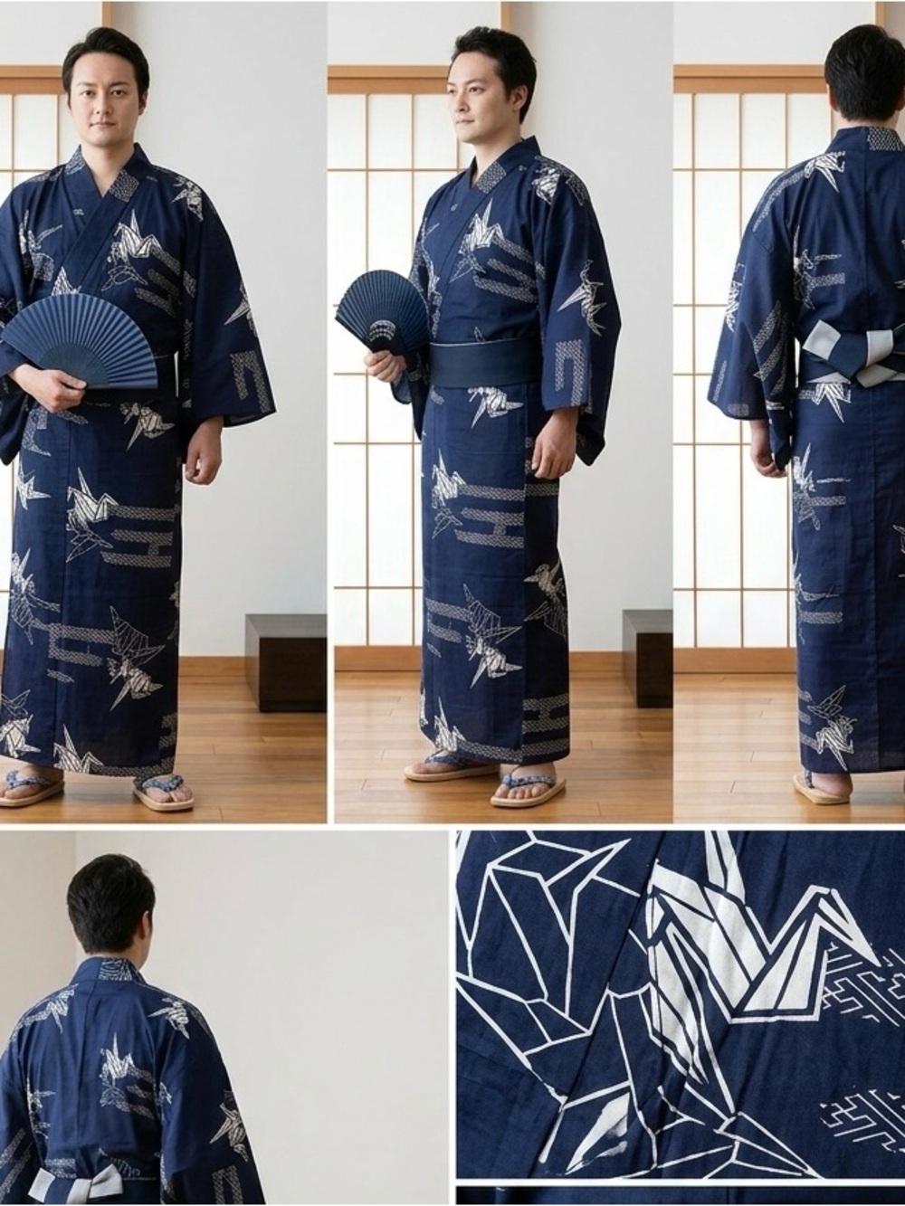 Men's Navy Crane Yukata - Classic Japanese Kimono